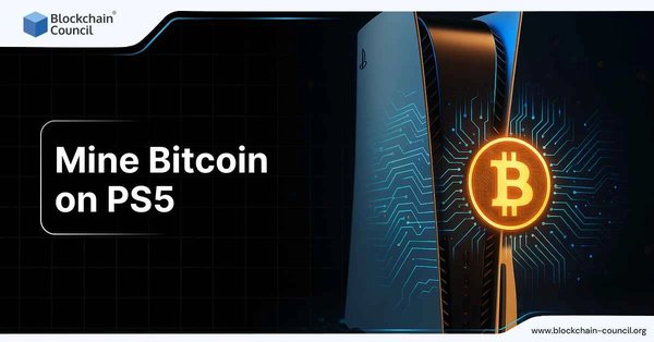 A PlayStation 5 console emitting glowing Bitcoin symbols, representing cryptocurrency mining on gaming hardware.