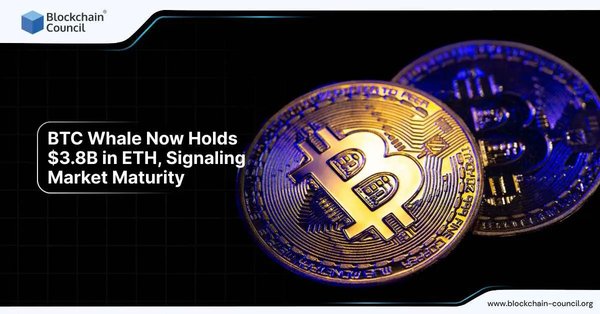 Image of Bitcoin and Ethereum coins with the text "BTC Whale Now Holds $3.8B in ETH, Signaling Market Maturity" highlighting significant cryptocurrency movements by a Bitcoin whale.