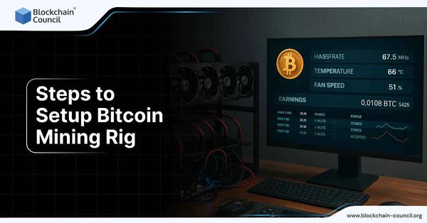 A blueprint-style infographic showing stages of Bitcoin mining rig setup, including hardware, wiring, software, and pool integration