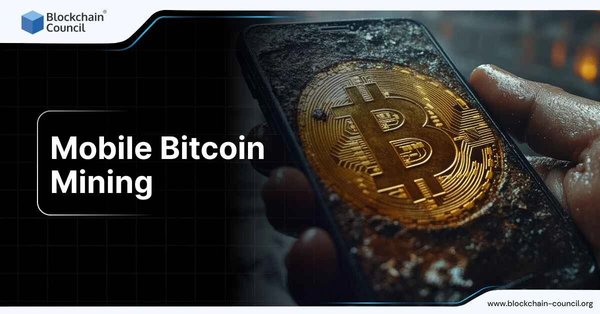 A smartphone screen displaying a Bitcoin mining app with live hash rate and earnings, illustrating mobile crypto mining.